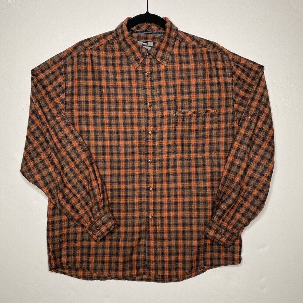 Vintage REI Shirt Adult Medium Orange Tartan Plaid‎ Hiking Roll Tab LS Gorp